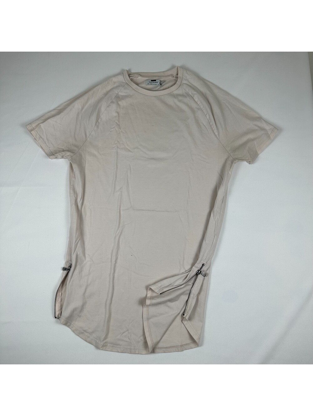 Topman Mens L Beige Raglan Short Sleeve Curved Hem Tee Side Zip T-Shirt
